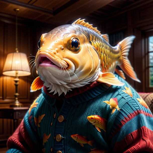 Pic of a carp in a sweater in the house