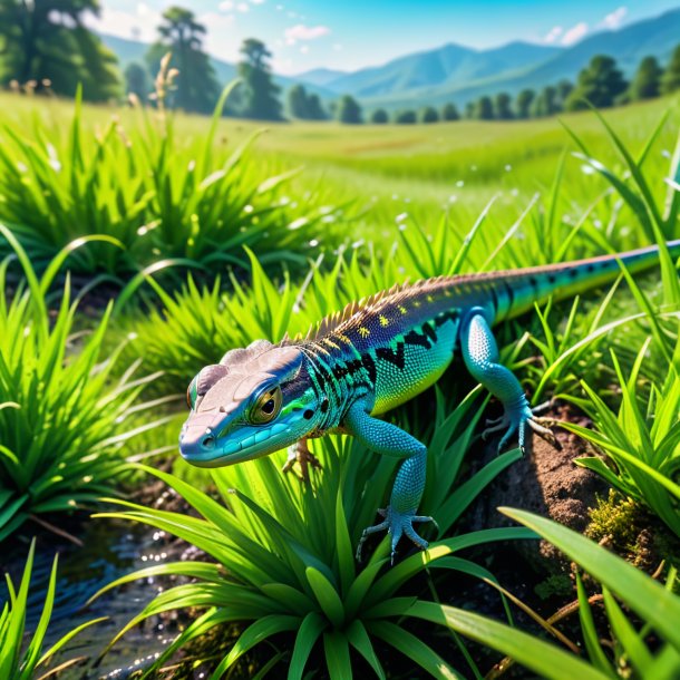 Imagen de una natación de un lagarto en el prado