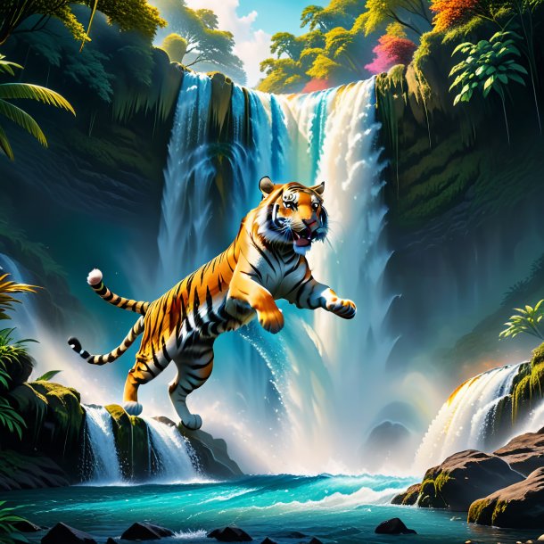 Imagem de um salto de um tigre na cachoeira