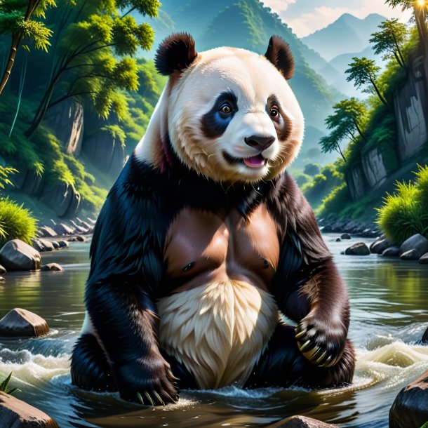 Photo of a giant panda in a belt in the river