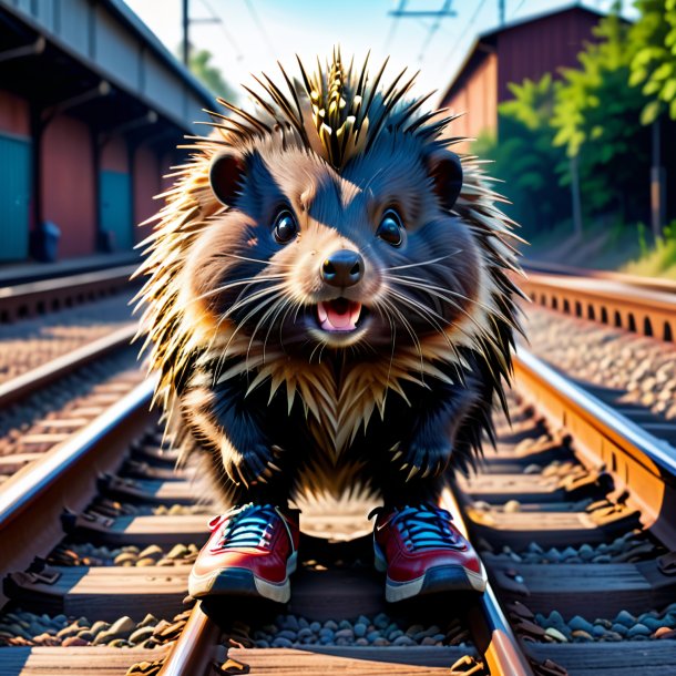 Image of a porcupine in a shoes on the railway tracks