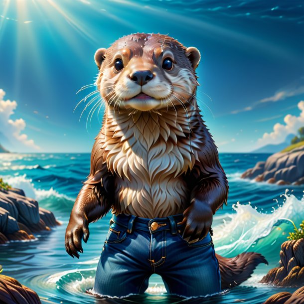 Illustration d'une loutre dans un jean dans la mer