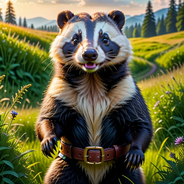 Photo of a badger in a belt in the meadow