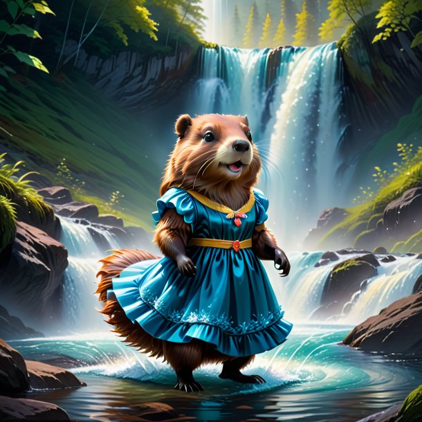 Illustration of a beaver in a dress in the waterfall