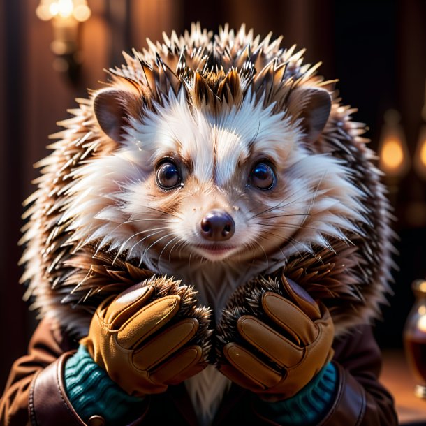 Photo of a hedgehog in a brown gloves