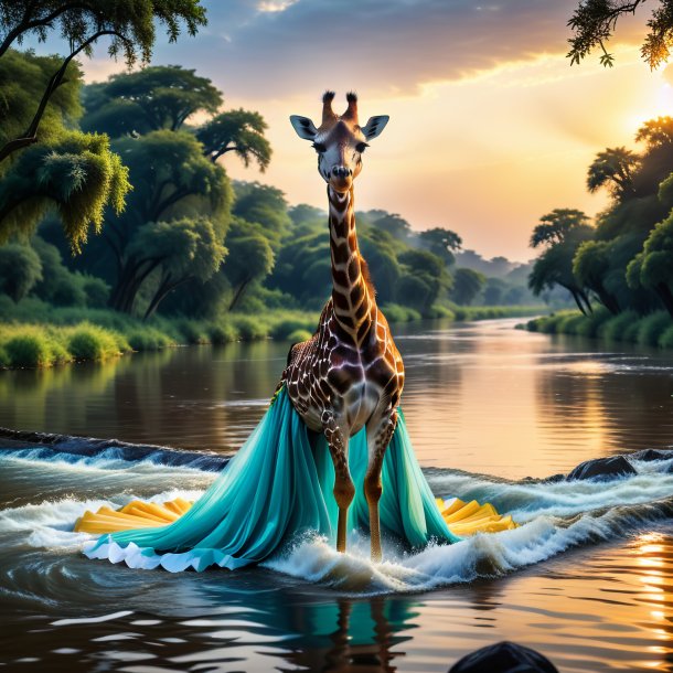 Foto de uma girafa em um vestido no rio