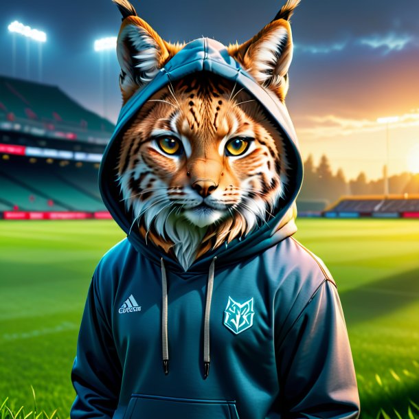 Imagem de um lince em um hoodie no campo