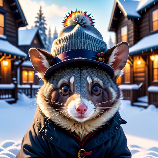 Pic of a possum in a hat in the snow