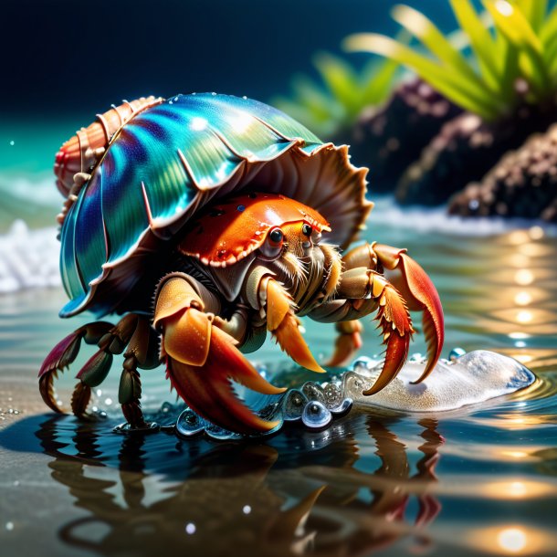 Photo of a hermit crab in a shoes in the water