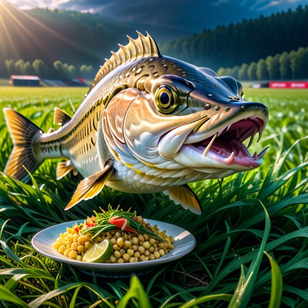 Picture of a eating of a pike on the field