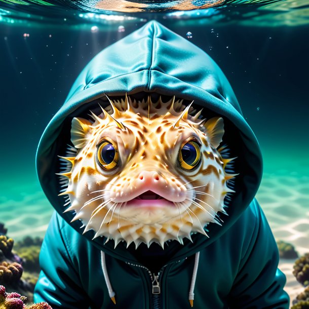 Image d'un poisson-pouf dans un sweat à capuche dans l'eau