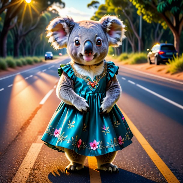 Photo of a koala in a dress on the road