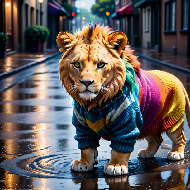 Picture of a lion in a sweater in the puddle