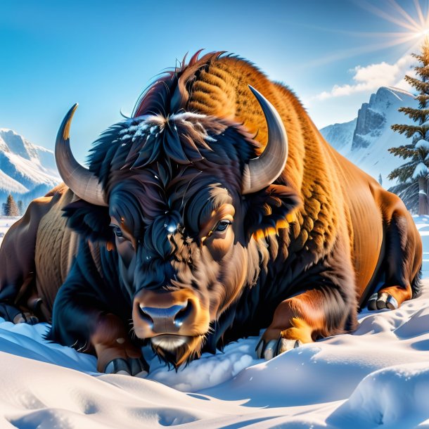 Photo d'un sommeil d'un bison dans la neige