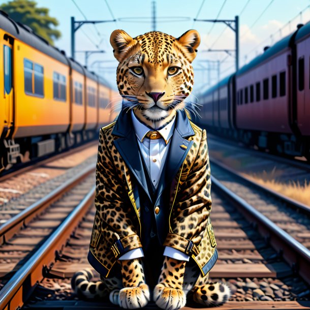 Ilustración de un leopardo en una chaqueta en las vías del ferrocarril