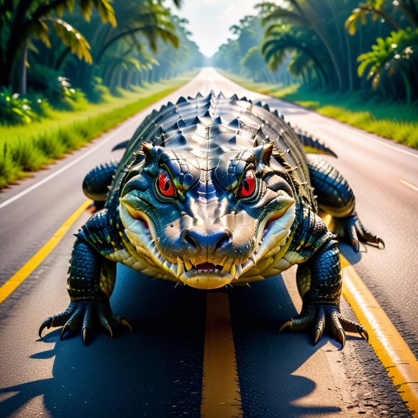 Foto de una amenaza de un caimán en el camino