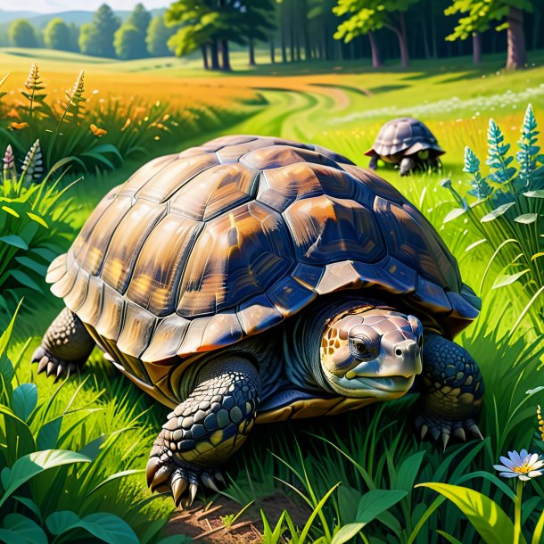 Illustration of a tortoise in a coat in the meadow