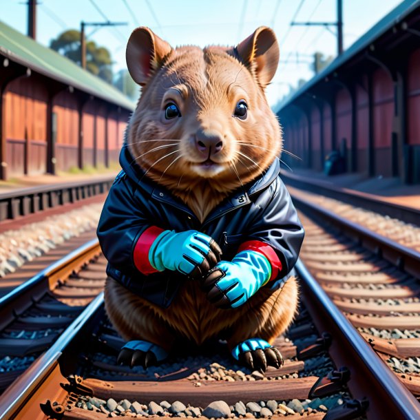 Desenho de um wombat em luvas nos trilhos ferroviários