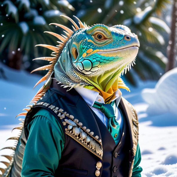 Imagem de uma iguana em um colete na neve