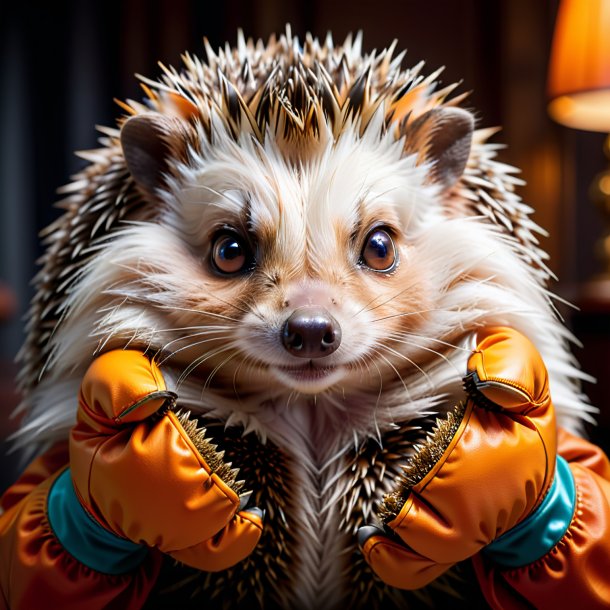 Image of a hedgehog in a orange gloves