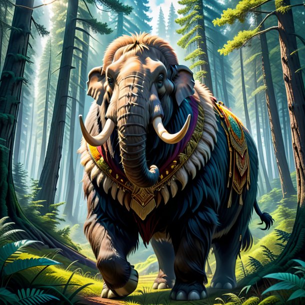 Illustration of a mammoth in a vest in the forest