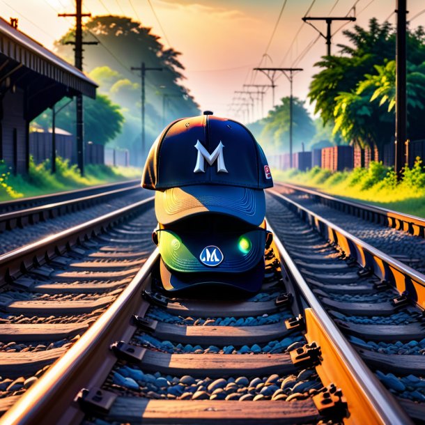 Photo of a mol in a cap on the railway tracks