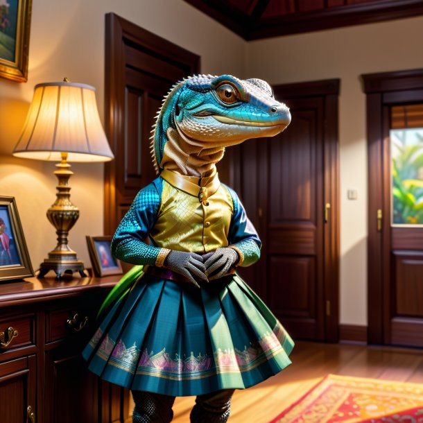 Drawing of a monitor lizard in a skirt in the house