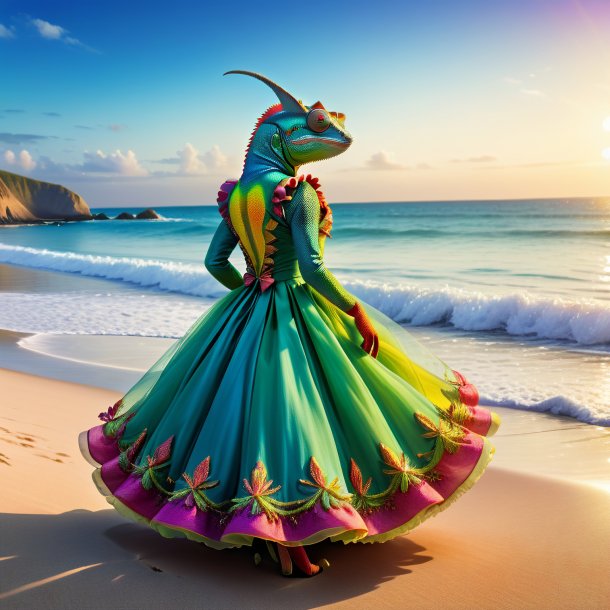 Image of a chameleon in a dress on the beach