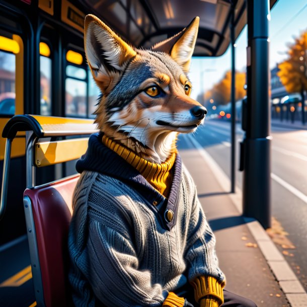 Photo of a jackal in a sweater on the bus stop