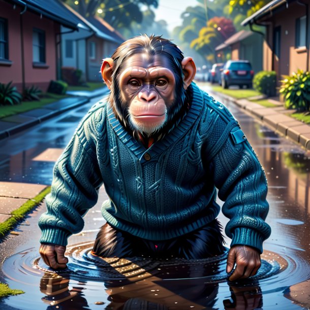 Illustration of a chimpanzee in a sweater in the puddle