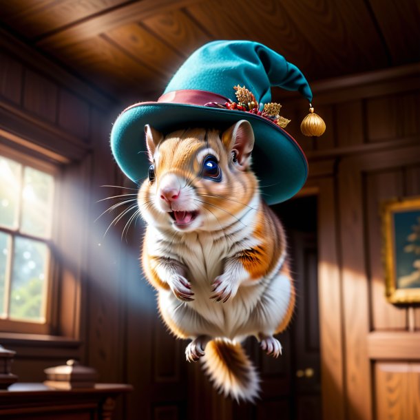 Image of a flying squirrel in a hat in the house