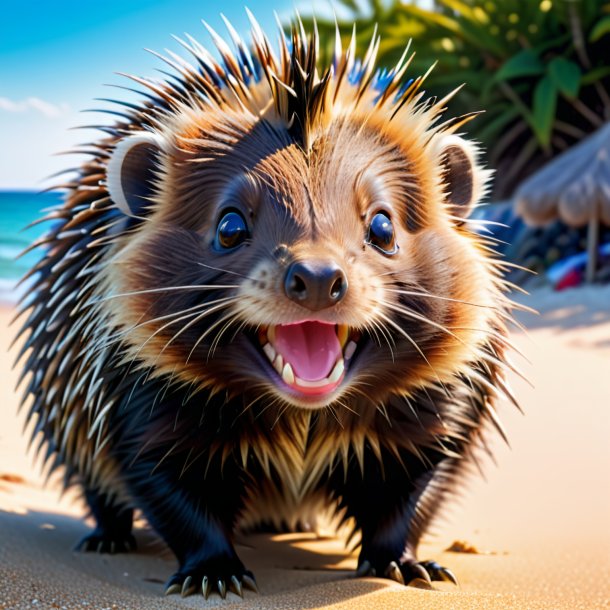 Retrato de um sorriso de um porco-espinho na praia