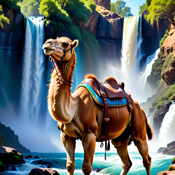 Pic of a camel in a belt in the waterfall