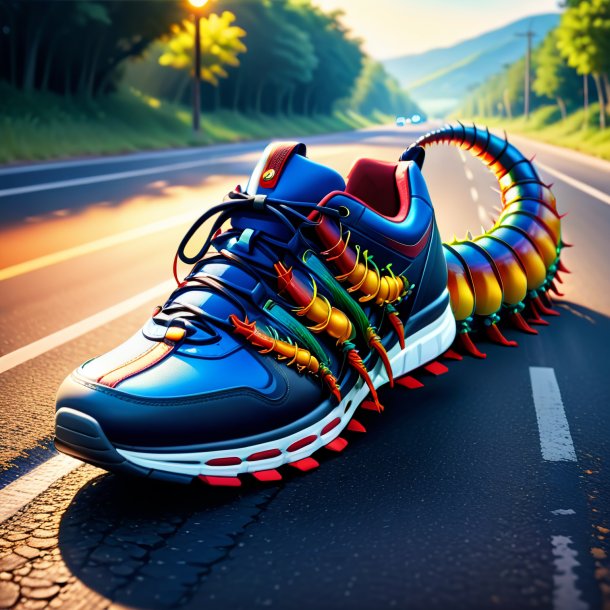 Illustration of a centipede in a shoes on the road