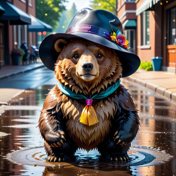 Foto de un oso en un sombrero en el charco