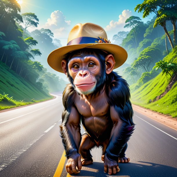 Illustration of a chimpanzee in a hat on the road