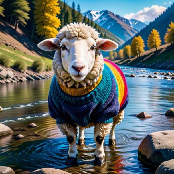 Picture of a sheep in a sweater in the river