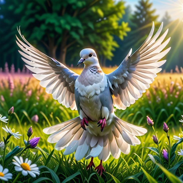 Image d'une danse d'une colombe dans la prairie