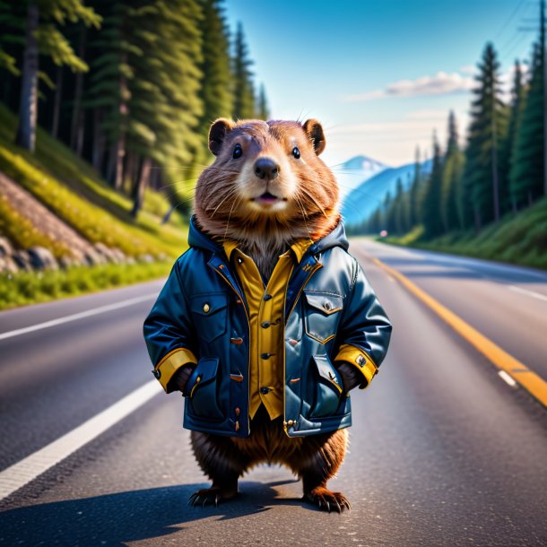 Photo of a beaver in a jacket on the road