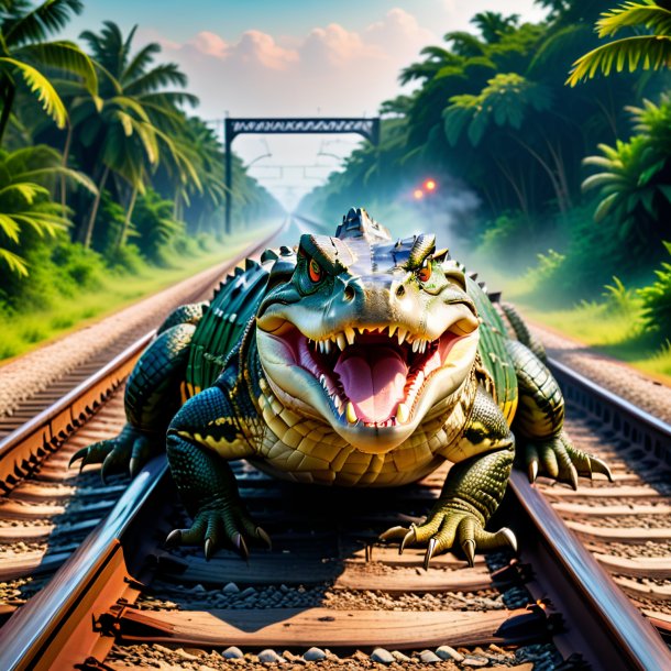 Picture of a threatening of a crocodile on the railway tracks