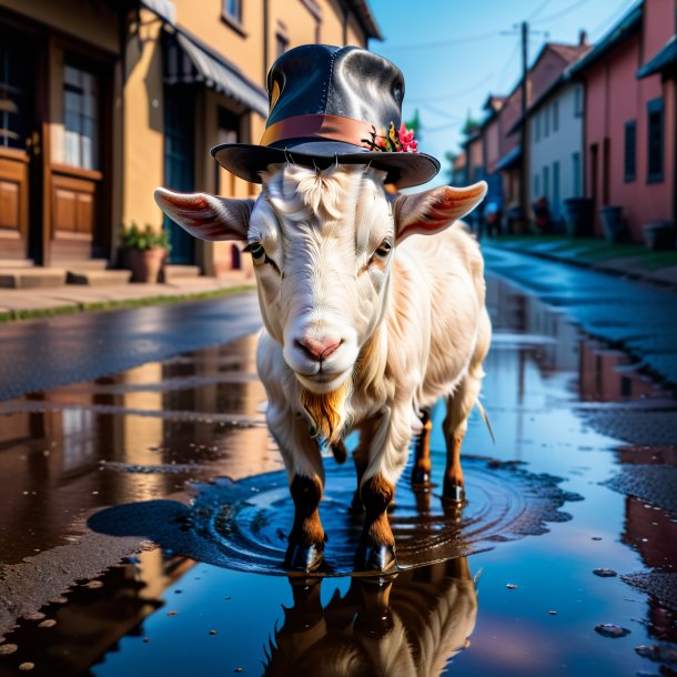 Picture of a goat in a hat in the puddle