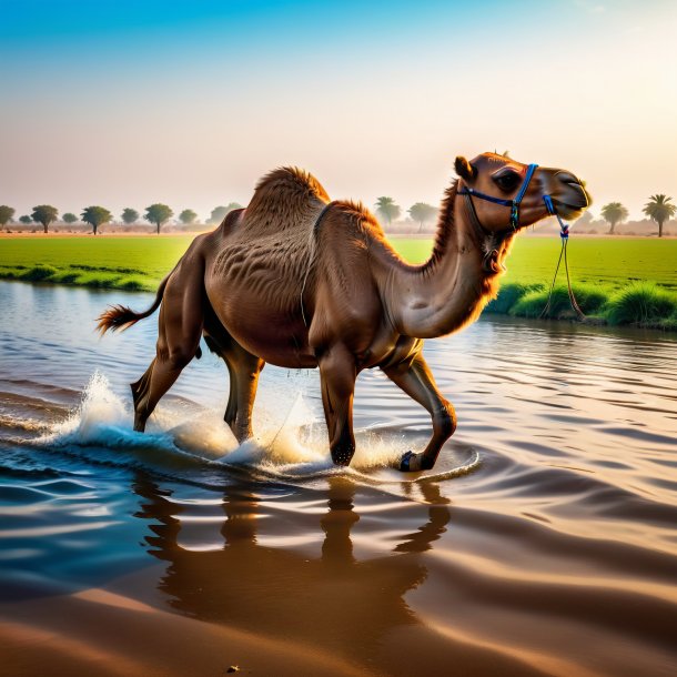 Photo of a swimming of a camel on the field