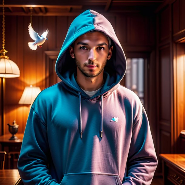 Photo of a dove in a hoodie in the house