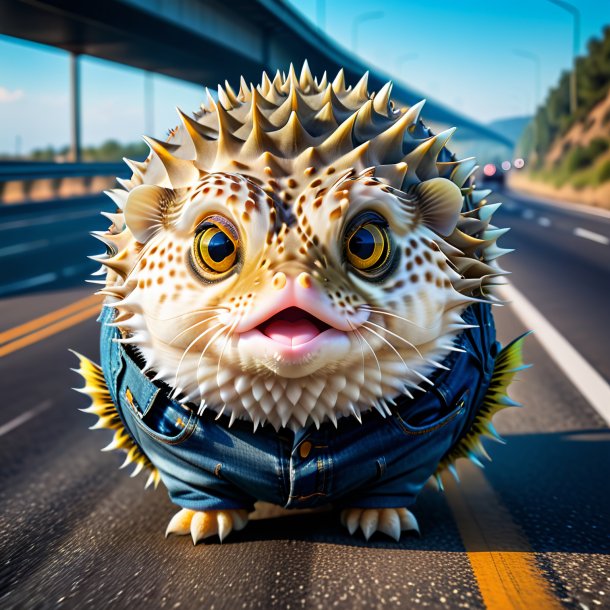 Picture of a pufferfish in a jeans on the highway