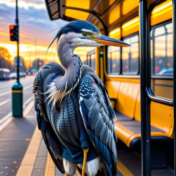 Picture of a heron in a sweater on the bus stop