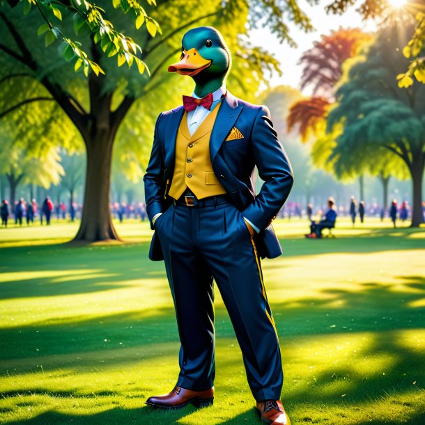 Photo of a duck in a trousers in the park