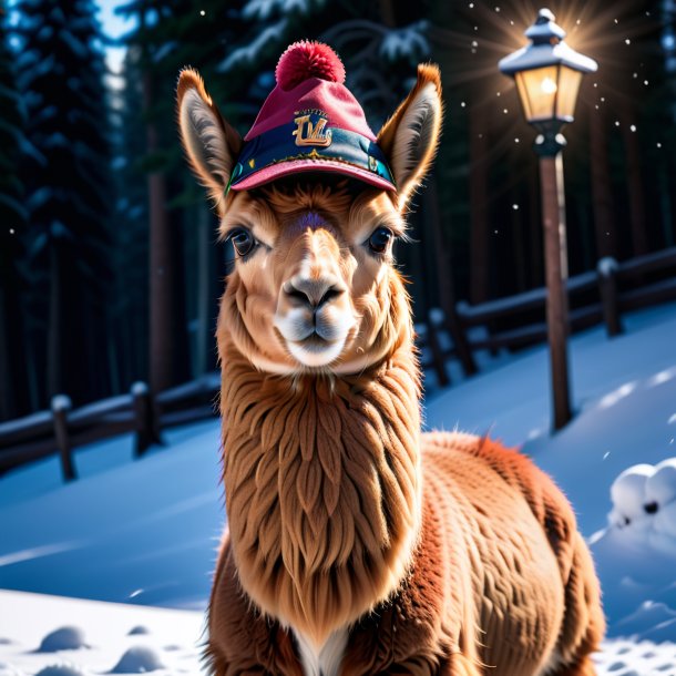 Foto de una llama en una gorra en la nieve