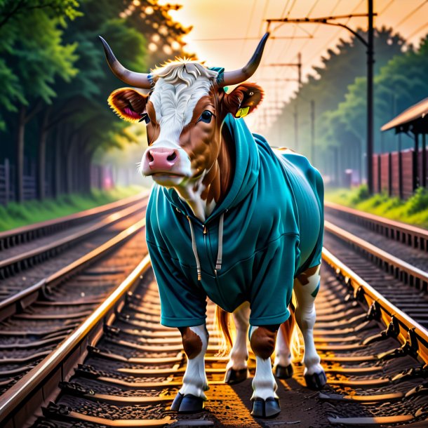 Foto de uma vaca em um hoodie nos trilhos ferroviários