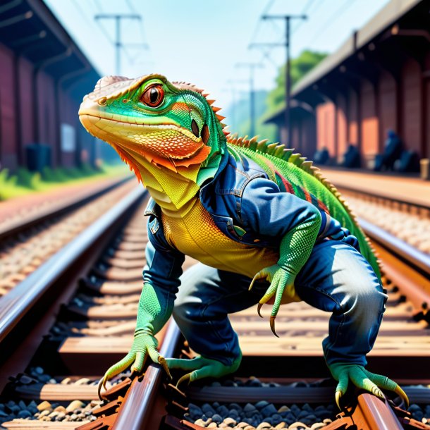 Image of a lizard in a jeans on the railway tracks