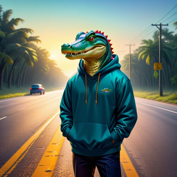 Illustration of a alligator in a hoodie on the road